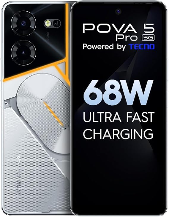 Pova 5 Pro 5G (Silver Fantasy 8GB RAM 256GB Memory) Segment 1st Ultra Fast Charging 68W 1st ARC Interface with Multicolor Backlight from India 50MP AI Dual Camera 6.78