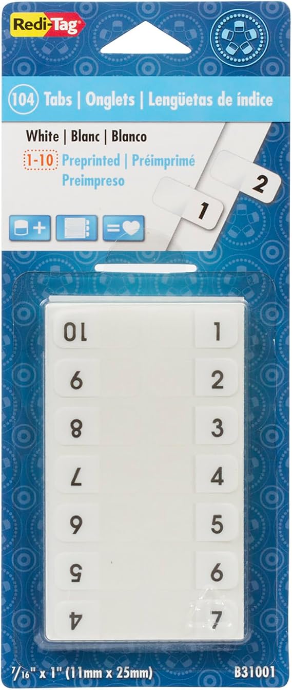 Redi-Tag Numbered Tabs, Pre-Printed Divider Tabs, Permanent Adhesive Index Labels, Divider Labels for School, Home and Office, 7/16" x 1", 104 Tabs Per Pack, (B31001)
