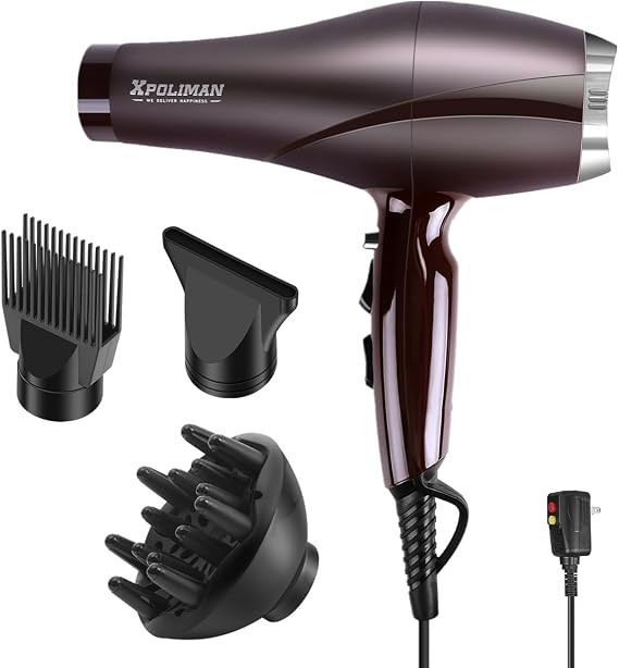 2000 Watt Hair Dryer, Negative Ionic Blow Dryer with Diffuser Concentrator Comb, 2 Speed 3 Heat Settings, Low Noise Long Life Style-Brown/Purple