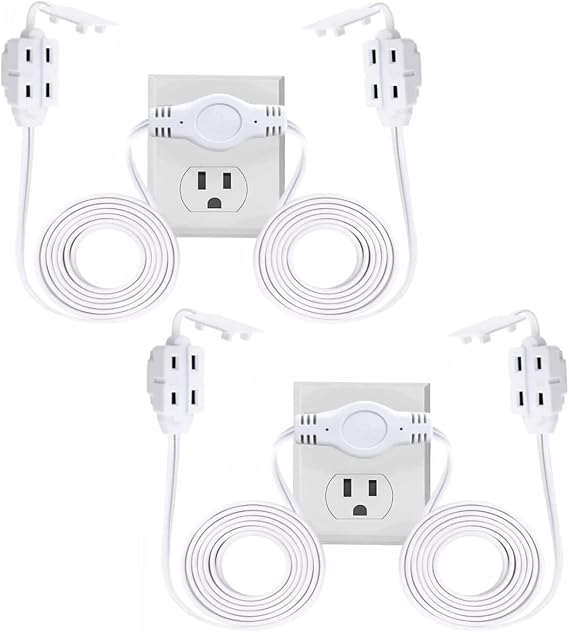 Twin Extension Cord Power Strip - 12 Foot Cord - 6 feet on Each Side - Outlet Plug with Safety Cover (2-Pack (12Ft Cord))
