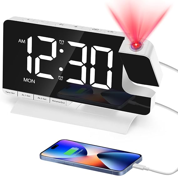 Alarm Clock with Projection: 8 Inch Digital Mirror Clocks, with 180° Rotating Projector, Loud Digital Alarm Clock for Bedroom, with 2 Alarm Times, 2 Charging Ports, Plug-in Alarm Clock