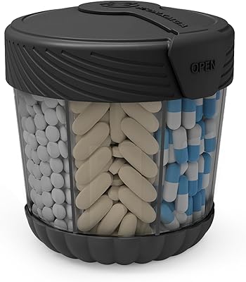 Pill Dispenser with 7 Large Compartments,Portable Pill Bottle Organizer for Travel,Anti-Mixing Supplement Organizer Easy Twist Wide-Opening Pill Container with 20Pcs Labels,Translucent Black