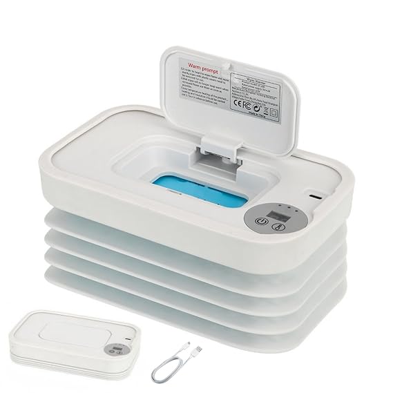 Wet Wipes Warmer, Wipe Warmer Cordless with 3 Adjustable Temperature, Foldable Portable USB Wipe Heater and Dispenser, Digital Display Space Saving Wipe Warmer with Lid for Home Outdoor Travel (White)