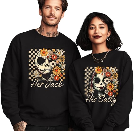 Floral Pumpkin King & Queen Couple Sweatshirts, Vintage Matching Halloween Outfits for Couples, Spooky Skeleton His & Hers Pullovers, Gothic Romantic Fall Sweatshirts Black