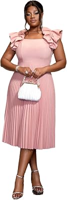 AOMEI Women Elegant Pink Suqare Collar Sleeveless Ruffle A-Line Pleated Midi Dress