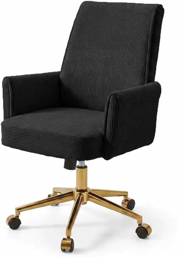 Striped Velvet Office Chair, 360 Swivel Ergonomic Task Chair with High Back, Gold Base and Wheels, Height Adjustable Modern Accent Chair for Home Office, Living Room, Study, Vanity Room (Black)