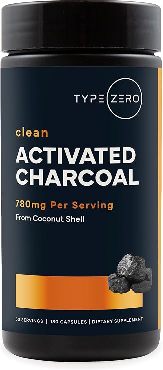 Type Zero Activated Charcoal (780mg) 180 Capsules, 60 Servings, Gluten-Free | From Coconut Shell, GMO-Free