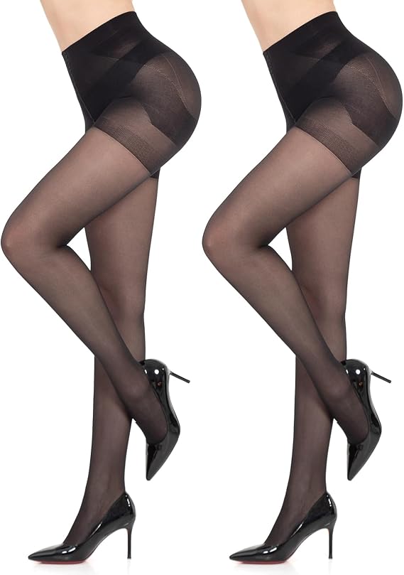 MANZI 2 Pairs Women's Sheer Tights 40D High Waist Control Top Pantyhose Thigh High Stockings with Reinforced Toes