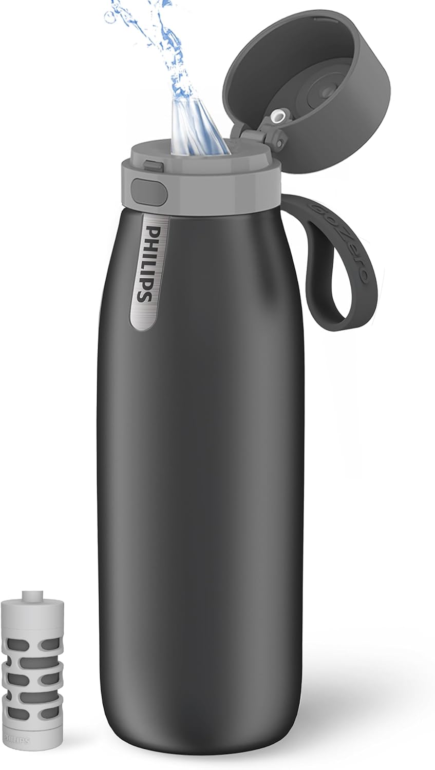 PHILIPS Water GoZero Everyday Insulated Stainless Steel Water Bottle for Everyday Use, Tap Water Filter, BPA Free, Converts Tap Water into Healthy, Delicious Water - Keeps Drinks Hot or Cold, 32 oz
