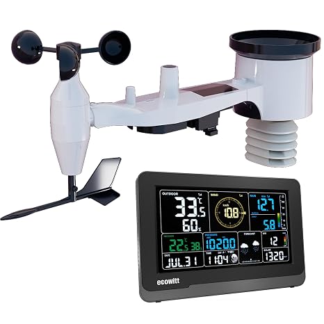 Ecowitt Wi-Fi Weather Station Array 7 in 1 Garden Wireless Solar Weather Sensor WS69 + 3 in 1 House Indoor 7.5 Inch Colour LCD Large Display Console Weather Monitoring System 868 MHz