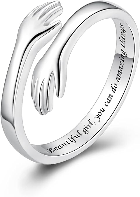 S925 Sterling Silver Hug Rings for Women Teen Girls Adjustable Ring for Granddaughter Daughter Hope Promise Friendship Hand Ring Jewelry for Birthday Graduation Christmas Mothers Day Valentines Gifts