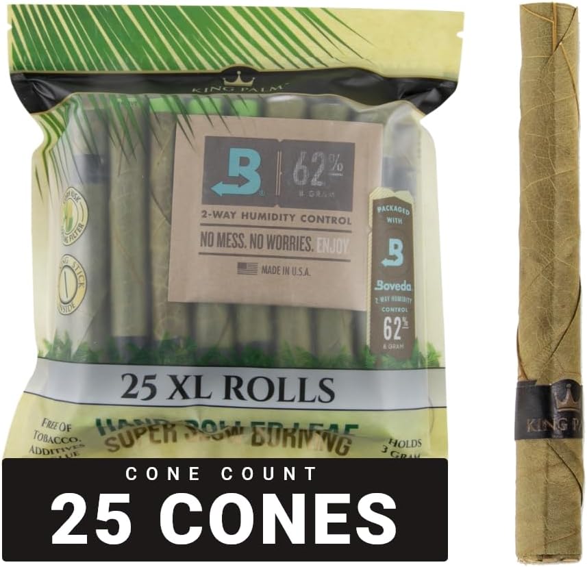 King Palm King XL Natural Pre Roll Palm Leaf Cones 1 Pack of 25, 25 Rolls - All Natural Cones with Corn Husk Filter
