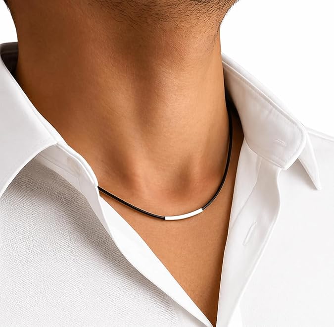 NadinArtDesign Leather Cord Necklace for Men, Silver Tube Pendant Choker, Minimalist Unisex Necklace, Adjustable Leather Necklace, Gift for Him