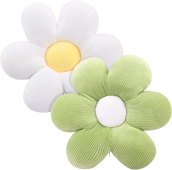 2 Pcs Flower Floor Pillow Seating, 40cm Shaped Chair Seat Pad, Soft Petal Cushion, Cute Plush Tatami for Car Home Sofa (Green+White)