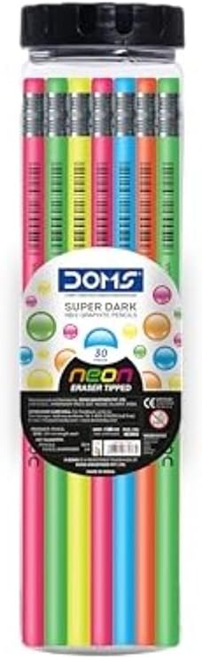 DOMS Neon Rubber Tipped HB/2 Graphite Pencil Kits for Drawing | Jar Pack, 30 Pieces | Contains Pencils, Sharpener, Eraser & Scale