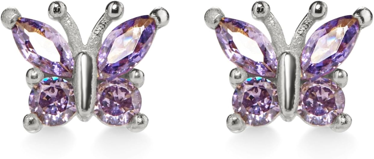 PERIMADE 18K Gold Plated Amethyst Butterfly Stud Earrings for Women, Dainty 925 Sterling Silver Hypoallergenic CZ Crystal Earring Set, Birthday Christmas Jewelry Gift for Mom Daughter Best Friend