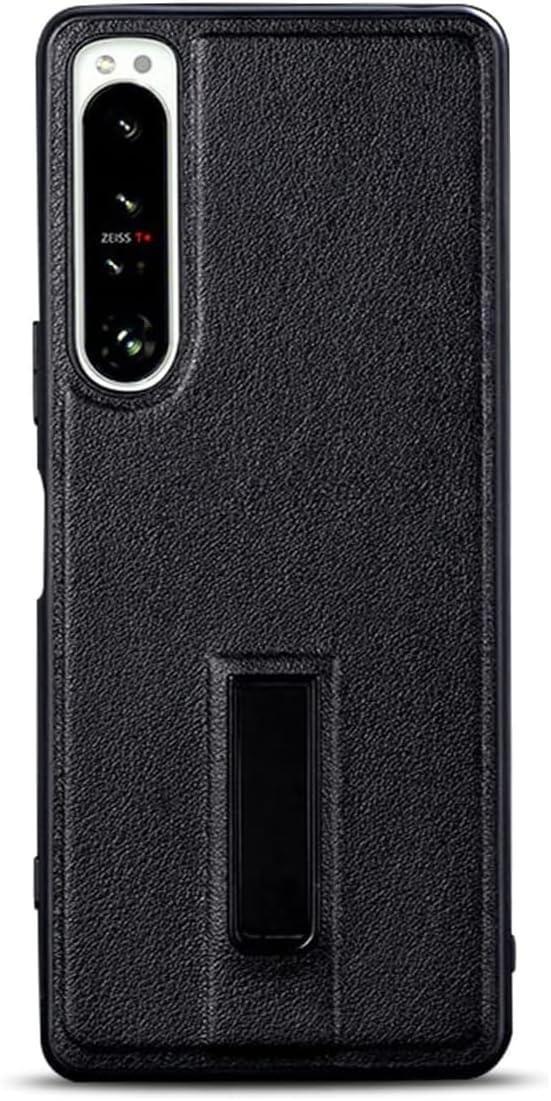 QUIETIP Stand Case for Sony Xperia 1 V 5G,Slim Leather Metal Kickstand Protective Cover Lens Protect,Black