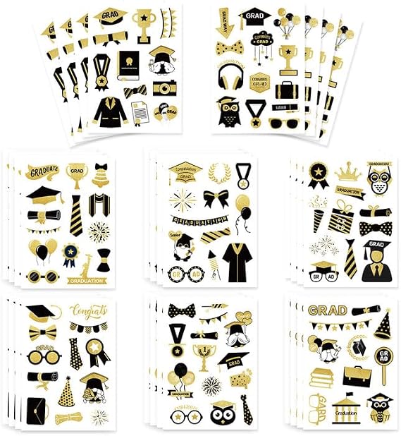 Graduation Stickers, Graduation Cap Decal Labels, 416 Pcs Black and Gold Stickers Class of 2026 Graduations Decorations Self-Adhesive Graduations for Grad Party Envelope Seals Decoration Supplies
