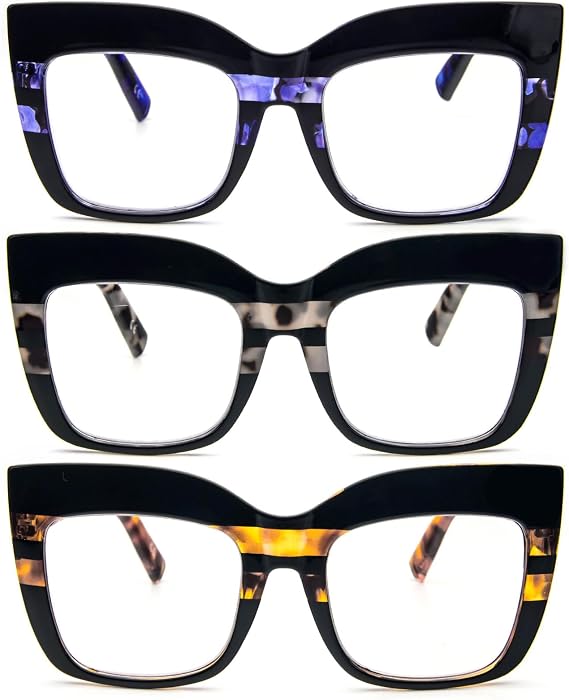 Women's Oversized Reading Glass 3 Pack Blue Light Filtering Retro Glasses Square Big Frame Eyewear