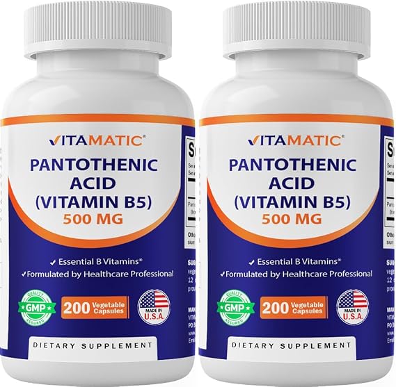Vitamatic Pantothenic Acid (VIT. B5) 500 mg, 200 Veggie Capsules, 2 Pack | Supports Energy Metabolism*, Coenzyme Production*, Nutrient Metabolism, Non-GMO, Gluten Free, Made in USA