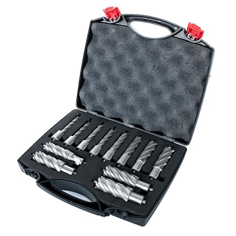 Evolution Power Tools Annular Cutter Kit for Magnetic/Mag Drills, 1 Inch Depth Drill Bit, Mixed Width 7/16 to 1-1/8 Inch, Carry Case Included, Set of 12
