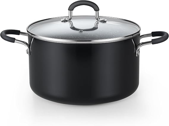 Cook N Home Professional 6 Quart Nonstick Stock Pot with Lid, Cooking Pot with Silicone Handle,Stockpot with Even Heating, Heavy Gauge Aluminum Induction Cookware, Black/Marble
