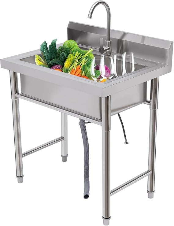 Utility Sink, Stainless Steel Kitchen Sink Commercial Sink with Faucet, Free Standing Single Bowl Laundry Sink for Indoor and Outdoor, 31.5 x 23.6 x 36.6inch