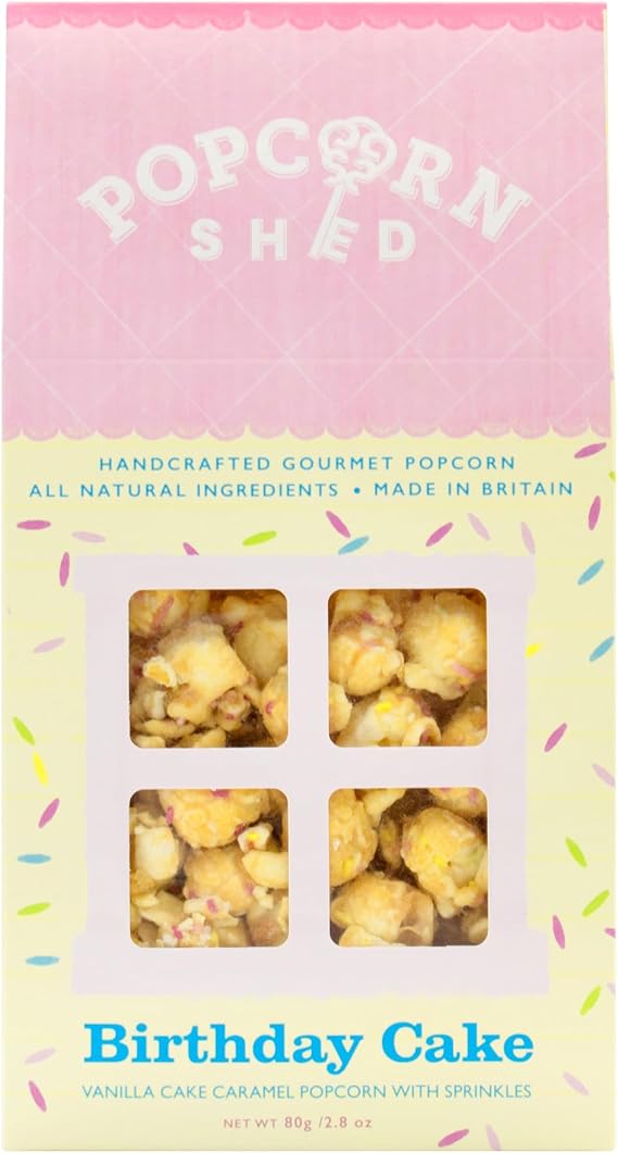 Popcorn Shed Birthday Cake Gourmet Popcorn (1 x 80g) - Vanilla Caramel Gourmet Popcorn with White Chocolate & Sprinkles, Easy & Low Calorie Snack, Perfect for Parties, Movie Nights & Gifting