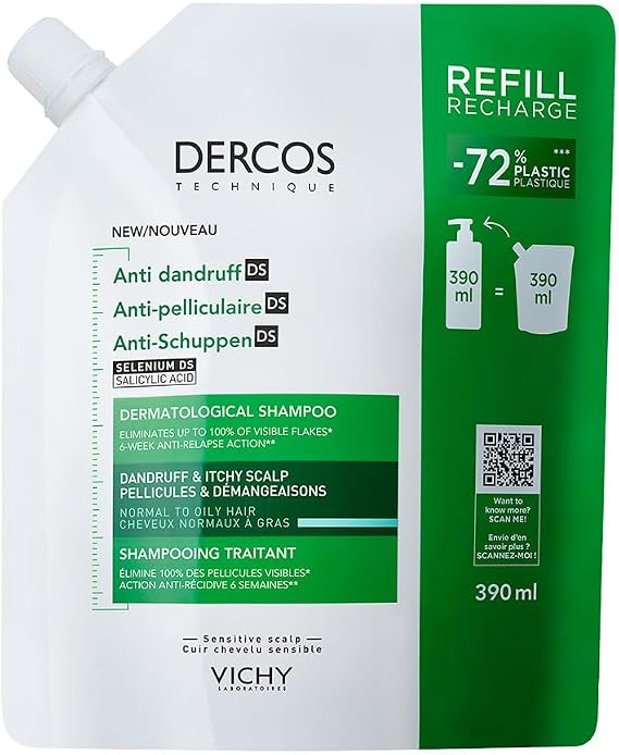 Vichy Dercos kepek DS, dermatolojik kepek şampuanı, normal ila yağlı saç derisi ve yağlı saçlar için, nüks önleyici etki, selenyum DS ve salisilik asitli, dolum paketi, 390 ml