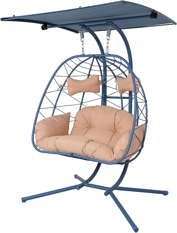 Double Egg Chair Outdoor with Canopy, 2 Person Egg Chair Outdoor with Removable Cushions, Outdoor Hanging Chair, 660LBS Capacity for Patio Balcony (Blue Frame Beige Cushion)