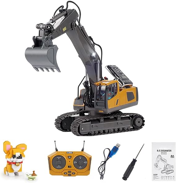1/20 Scale RC Excavator for Adults, 2.4G 11CH Alloy RC Construction Car with Lights and Sound Effects, RC Construction Vehicle Model + Dog Building Blocks (160+PCS)