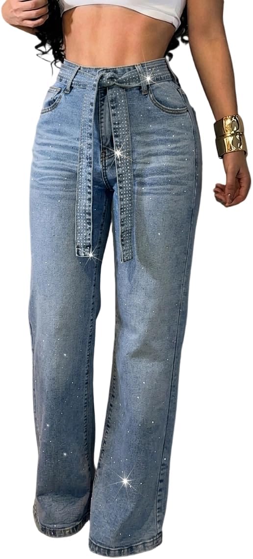 CHICME High Waisted Wide Leg Jeans for Women Rhinestone Embellished Denim Pants with Matching Sparkle Belt