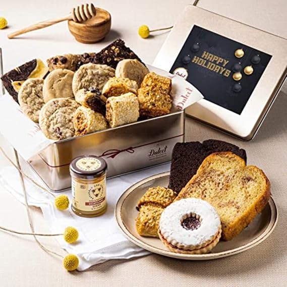 Dulcet Gift Baskets Classic Honey Confection Happy Holiday Tin of Gourmet Pastries Great Gift For Men, Women, Family and Friends