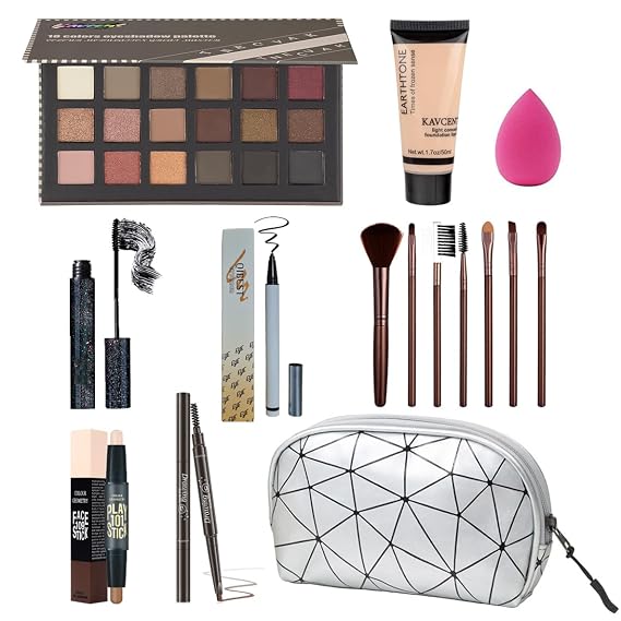 All in One Makeup Kit For Women Girls Teens Makeup set 16 Colors Eyeshadow Palette Foundation Eyeliner Contouring Stick Lip Gloss Eyebrow Mascara Makeup Brushes Makeup Gift Sets