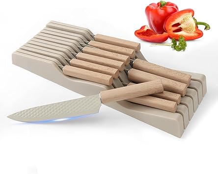 Knife Block Set, 12 Pieces Kitchen Knife Set with In-drawer Knife Block, Stainless Steel Knife Set with 6PCS Steak Knives, Ultra Sharp Non-stick Coating Chef Knife Set,Drawer Knife Organizer Khaki
