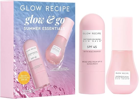 Glow Recipe Glow & Go Summer Makeup Prep Essentials Kit - Skincare Set with Full Size Korean Sunscreen with SPF 45 & Travel Size Niacinamide Dew Drops Face Serum (2 Count)