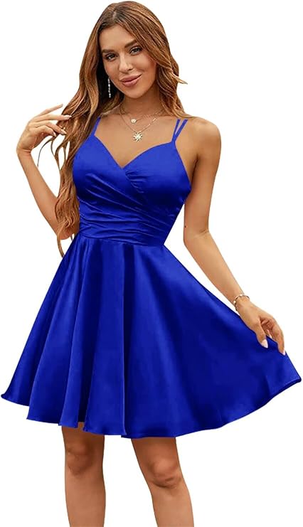 Zepumen Satin Homecoming Dresses for Teens Short Spaghetti Straps V Neck Prom Party Cocktail Gown