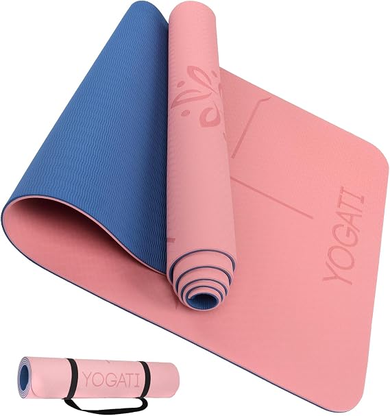 YOGATI Yoga Mat with Alignment Lines. Yoga Mats with carry strap perfect for Pilates and Fitness Workout, Eco Friendly Non Slip Thick Yoga Mats for women and men - Yoga Matt.