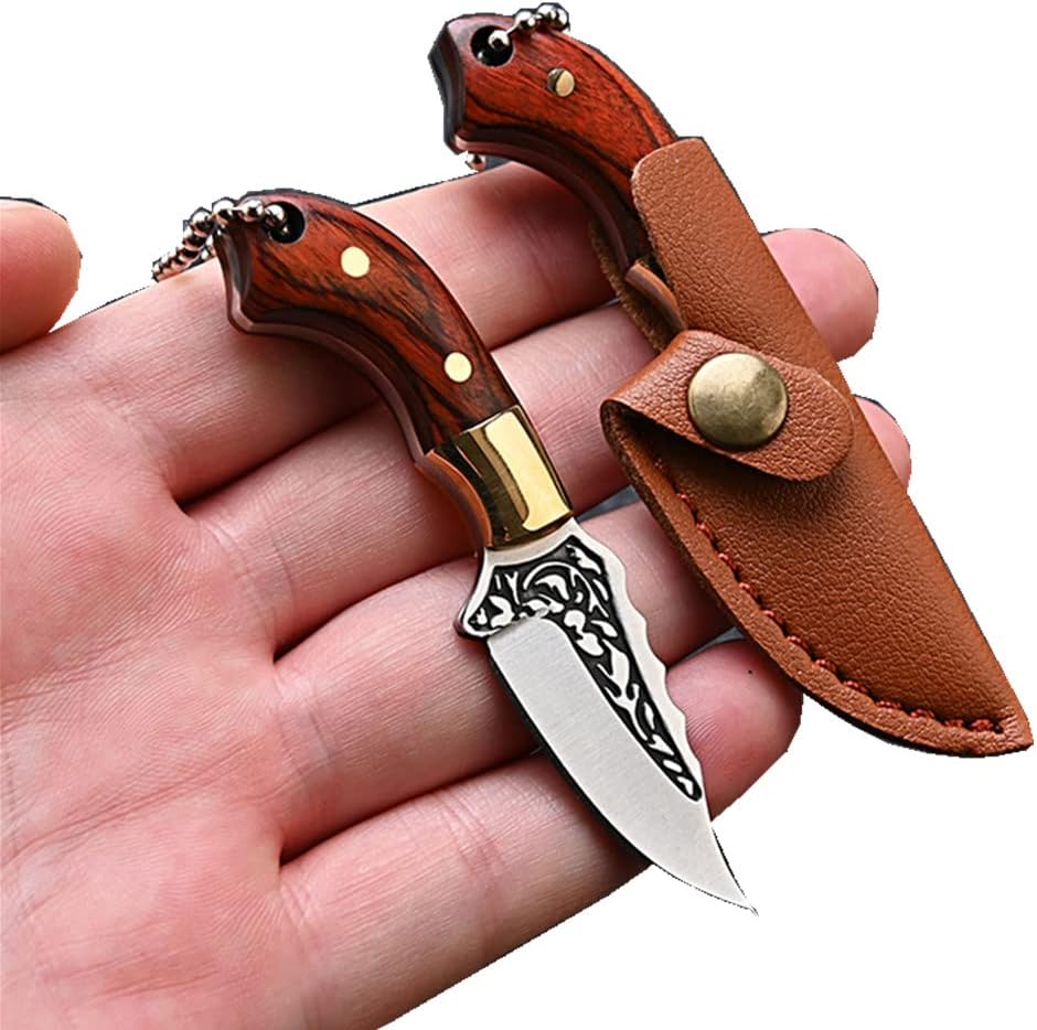 Ultra Small Fixed Blade Knife, 1.57 inch 5Cr Stainless Steel Blade with BrassColored Wood Handle, Mini KnifeBox Cutter with Leather Sheath for EDC Gift Collection Cutting