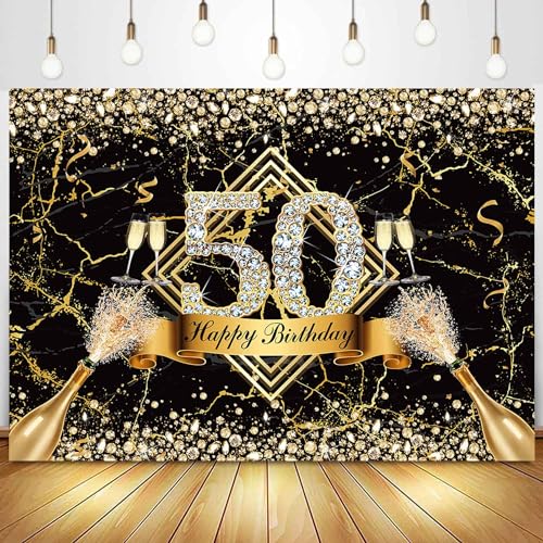 Sensfun Happy 50th Birthday Backdrop for Women Black Gold 50th Birthday Decorations Marble Texture Glitter Diamonds Fabulous 50 Years Old Photography Background Supplies Photo Props 7x5ft