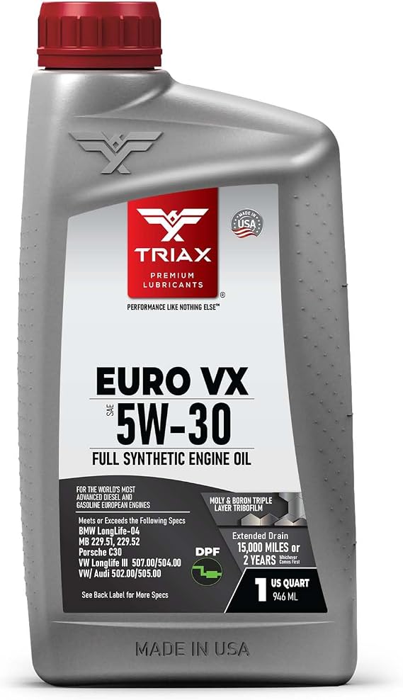 TRIAX Euro VX 5W-30 Full Synthetic Ester, Compatible with VW 507.00/504.00, VW Audi 502.00, 505.01, BMW LL-04, Porsche C30, ACEA C3, Mercedes 229.51, 229.5, 229.31 (1 Quart)