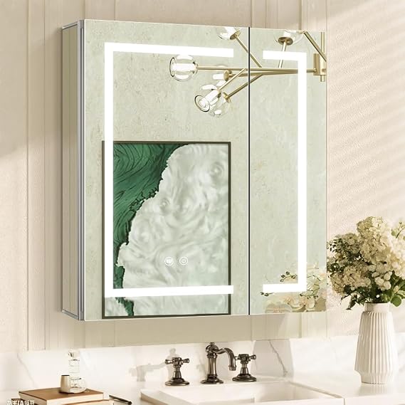 LED Medicine Cabinet,Bathroom Mirror Cabinet with Lights,2428inch,Equip with Internal Light,Aluminum Construction,USB Shaver Socket,3 Color,Dimmer,Demister,Surface Mounted and Recess Mounted