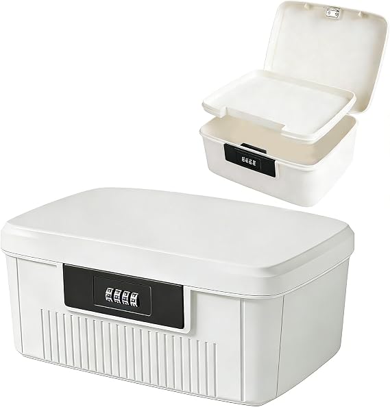 mumisuto Lockable Storage Container Bin, 6L Capacity Organizer Box with Combination Lock, Heavy Duty Plastic Trunk, Usable As Item Organizer Or Office File Storage (White)