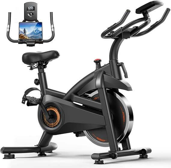 CURSOR FITNESS Exercise Bike, Brake Pad Stationary Bike for Home with Exclusive App, Stationary Bikes for Home with 300 lb Weight, Indoor Cycling Spin Bike Workout Bike with Extra Comfort Seat