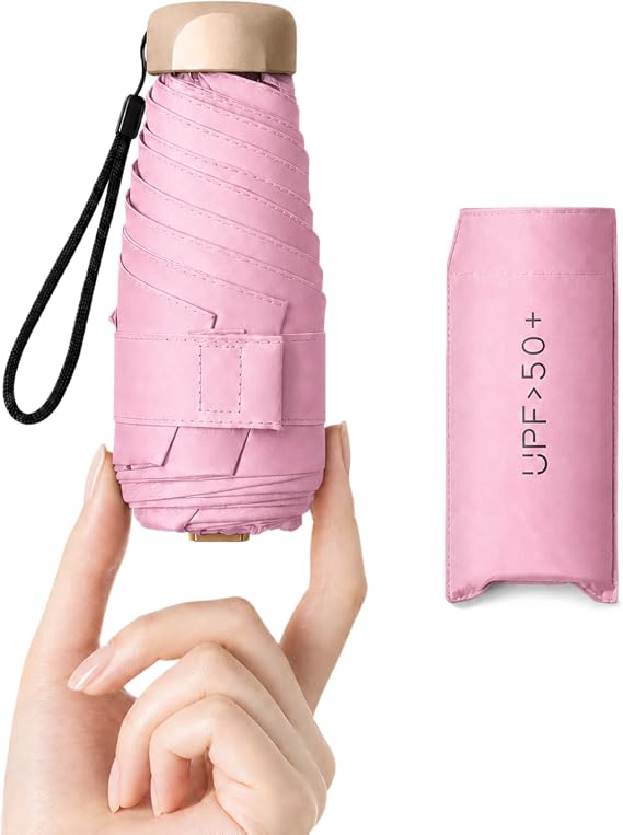 Compact Travel Umbrella, Mini Umbrella - UPF 50+ UV Protection & Waterproof, Windproof 6 Ribs Fiberglass, Pocket-Sized 6.3in Folded, Lightweight 7.05oz for Backpack Travel, Travel Essentials with Black Cooling Tech, for Women and Men, Perfect for Airplane Carry-On, Camping, Walks, and Daily Commutes