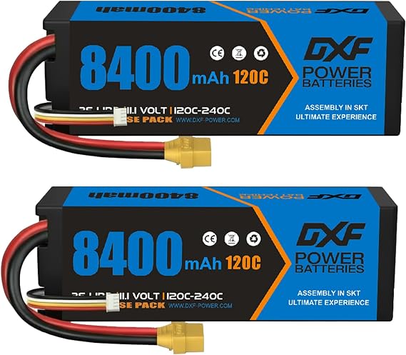 DXF 3S Lipo Battery 11.1V 8400mAh 120C High Discharge RC Battery Pack 2PCS Hard Case with XT90 for RC Car Truck Boat Helicopter Airplane Racing Quadcopter FPV Drone Models