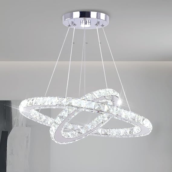 Finktonglan 2-Ring Crystal LED Chandelier 19.7in and 11.8in 50W 6000K | Two adjustable crystal rings with integrated 50W 6000K cool white LED and 44.3in maximum drop for dining and living rooms.