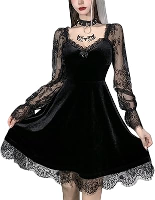 Vintage Womens Gothic Lolita Dresses Long Sleeve Velvet Lace Bodycon Swing Dress for Cosplay Party Prom