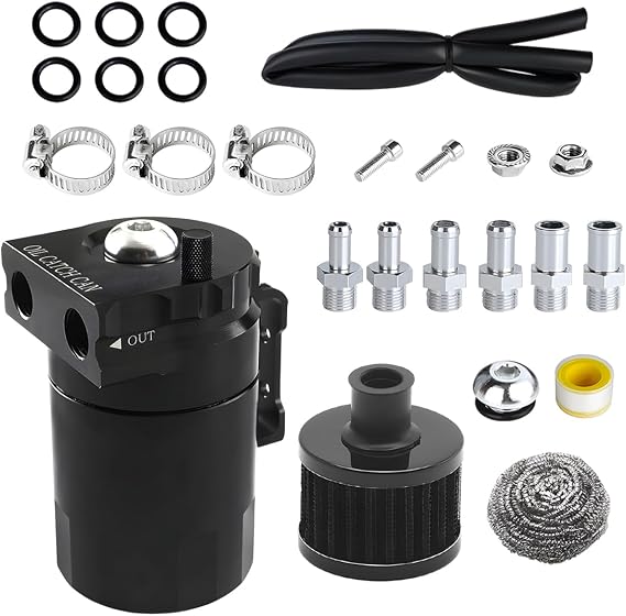KVAEY Baffled Oil Catch Can, 300ml Oil Catch Can Tank with Breather Filter Adapters Hose Kit, 2-Port Aluminum Polish Baffled Reservoir Tank, Universal Engine Air Oil Separator Can (Black)