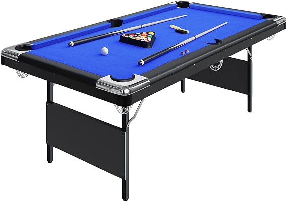 7 Ft Folding Pool Table, Portable Pool Table, Billiard Table Set Includes Balls, Cues, Chalks and Brush, for Family Game Room, Adult Rrec Room, Basements, Blue